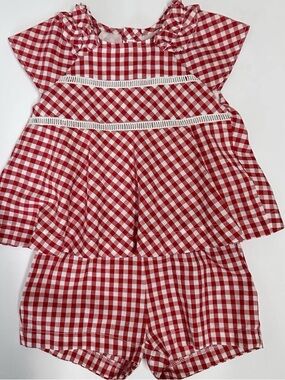 Mayoral Girls 24M Red & White Gingham Lace Trim Playsuit Made in Morocco NWOT